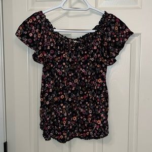 Self Love‎ Black Pink Pleated Floral Blouse Sz Medium Flutter Sleeves